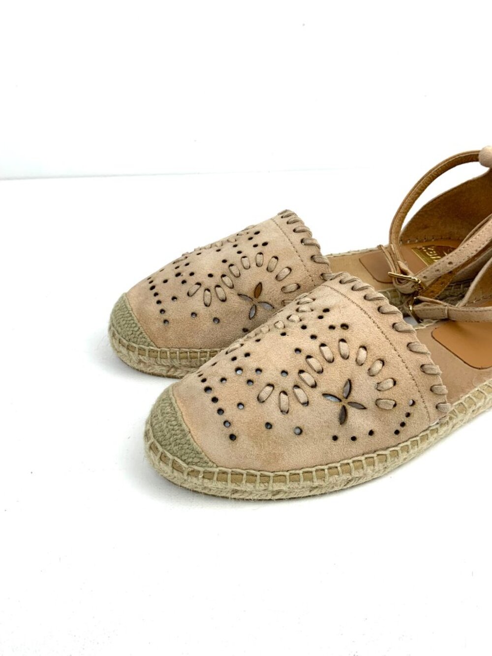 Kanna Flat Closed Toe Tan/Blush Nutbuck Laser Cut Ankle Strap Espadrilles Sz 39 - Picture 15 of 16